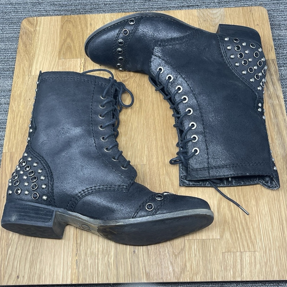 Gianni Bini Boots Women 8.5 M Black Distressed Leather Studded Biker Goth Lace - Picture 11 of 14